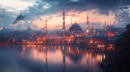 Fototapeta premium A bustling city mosque at twilight, lights from surrounding buildings reflecting in nearby water