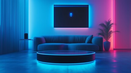 A sleek minimalistic smart home interior with ambient neon lighting, futuristic furniture, and a holographic virtual assistant projecting from a modern table.