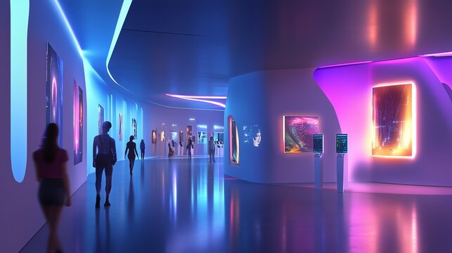 A sleek gallery featuring robotic curators showcasing glowing holographic artwork in vibrant neon blue and purple tones, with visitors exploring using digital guides.