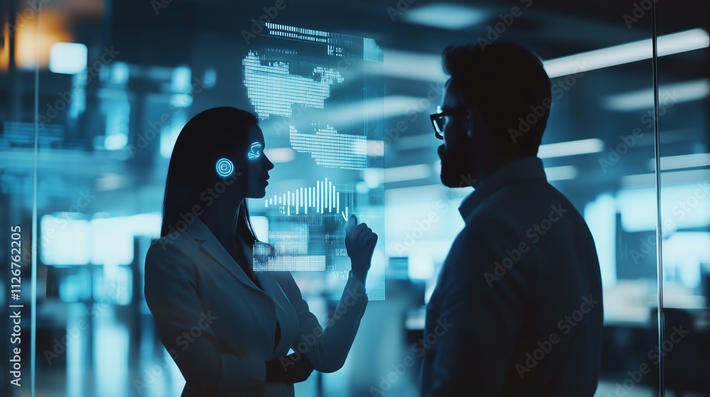 Poster close-up of humanoid robots interacting with diverse professionals in a sleek office, with holograph