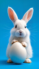Obraz premium Fluffy white rabbit holding a large egg on bright blue background