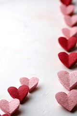 Obraz premium neat row of tiny paper hearts in red and pink is arranged on smooth white background softly illuminated with abundant