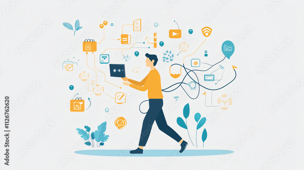 Poster a flat vector of an it technician pulling a digital wire, with minimalist network and connectivity i