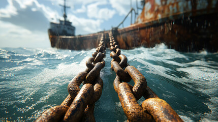 Nautical photography close-up of rusted chain emerging from deep sea environment