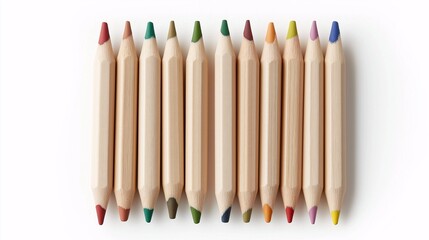 Naklejka premium Natural Wood Colored Pencils Displayed in a Row on a White Background Perfect for Art Projects and Creative Educational Materials
