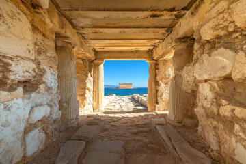 Colonnade, A picturesque view through ancient stone ruins, framing a stunning seascape and a distant boat under a clear blue sky.