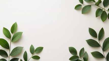 Elegant Arrangement of Green Leaves on a Minimalist White Background Perfect for Nature-Inspired Designs and Fresh Aesthetic Presentations