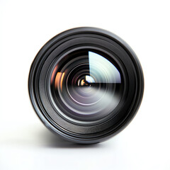 Close-up of a professional camera lens highlighting intricate details and reflections.