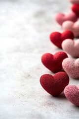 Fototapeta premium neat row of tiny paper hearts in red and pink is arranged on smooth white background softly illuminated with abundant