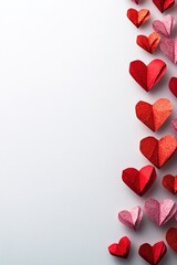 neat row of tiny paper hearts in red and pink is arranged on smooth white background softly illuminated with abundant