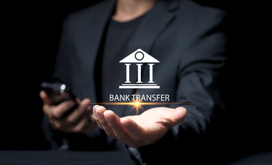 Bank transfer concept. Currency exchange, Online banking and interbank payment. Person holding online bank icon on virtual screen..