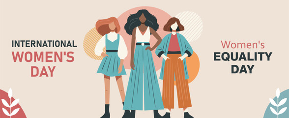 International Women's Day. Equality Day. Vector flat illustration strong women stand together. Concept of feminism gender equality protection of women's rights and freedoms.