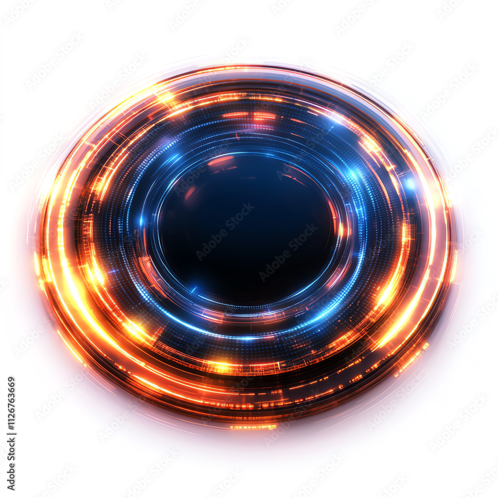 Poster dynamic circular abstract design with vibrant light effects and dark center space.