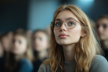 Close-up of focused student in lecture capturing the academic learning experience