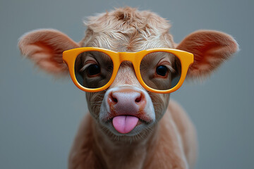 Fototapeta premium Playful calf in sunglasses a comical farm animal photo close-up