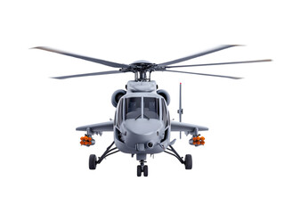 Military Gray Helicopter with Weapons and Rotors Isolated on White

