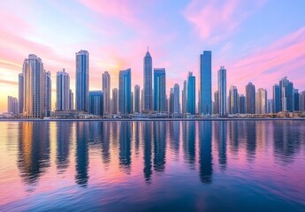 Fototapeta premium Dubai Skyline at Sunrise: A Stunning Cityscape Panorama