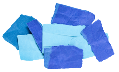 Stack of blue crumpled wrinkled crushed pieces scraps, stripes or snippets of torn paper, isolated png transparent background design element