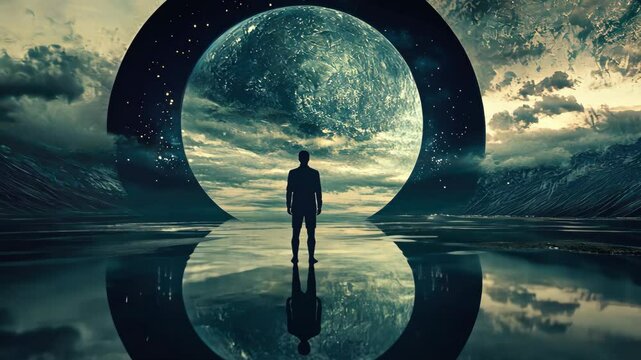 A small man in front of the Boundless Universe, a journey into parallel worlds. Wandering in a dream. Time machine portal to another galaxy. Person life journey.