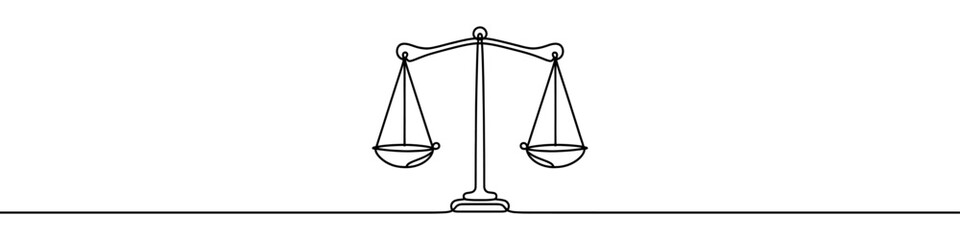 One continuous line illustration of a balance scale, isolated on white background. Line art of a balance scale.