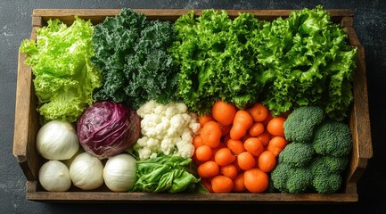 Fresh vegetables in wooden crate lettuce, kale, red cabbage, cauliflower, carrots, broccoli, onion, spinach.