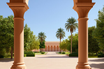 Fototapeta premium Colonnade, A serene garden scene framed by decorative columns, featuring lush greenery and palm trees under a clear blue sky.