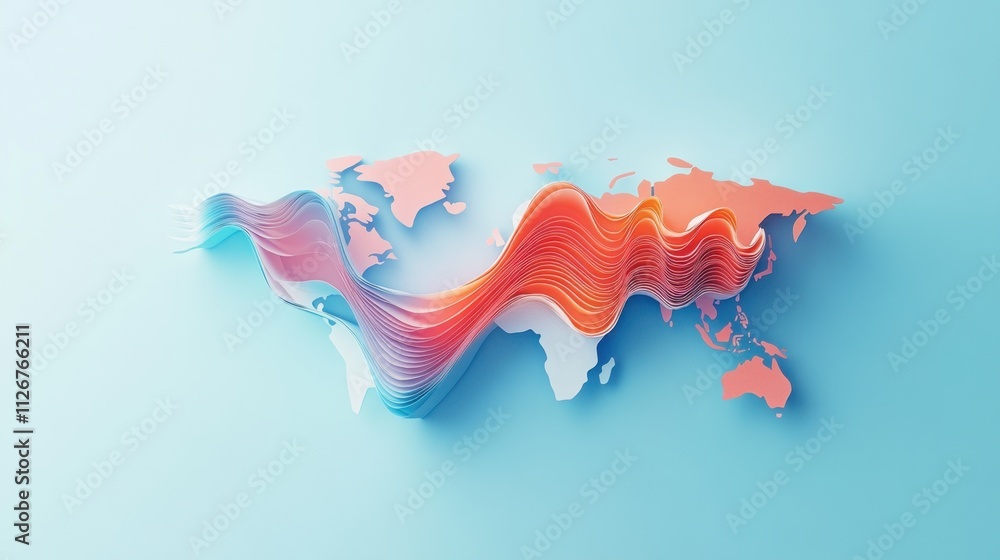 Aufkleber abstract world map with colorful wave design: global connection and flow concept