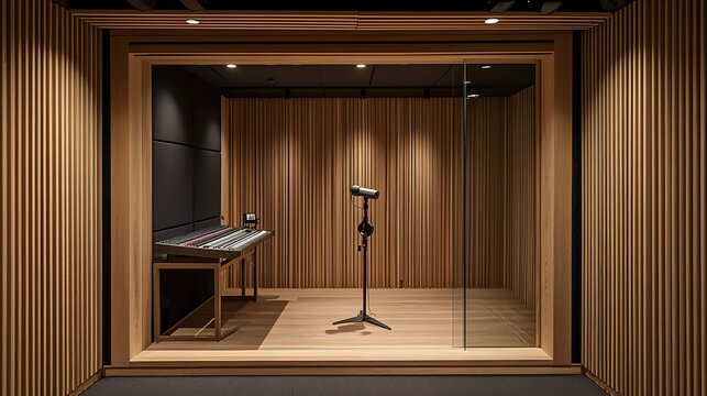 Modern recording studio booth with wooden walls, microphone stand, and mixing console.
