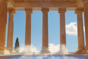 Fototapeta premium Colonnade, A serene view of ancient pillars set against a clear blue sky, evoking a sense of history and tranquility.