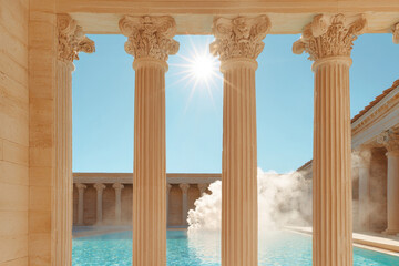 Fototapeta premium Colonnade, A serene pool scene framed by classic columns under a clear blue sky, with gentle steam rising, evoking a tranquil and luxurious atmosphere.