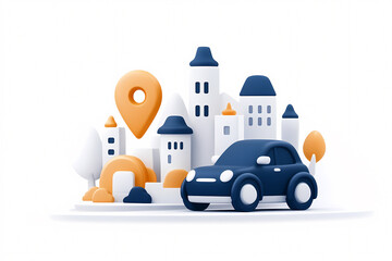Naklejka premium An animated car navigates a colorful city filled with unique buildings and landmarks. On white background