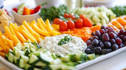 A platter of fresh vegetables, fruit, and dip, perfect for a healthy snack or party appetizer.