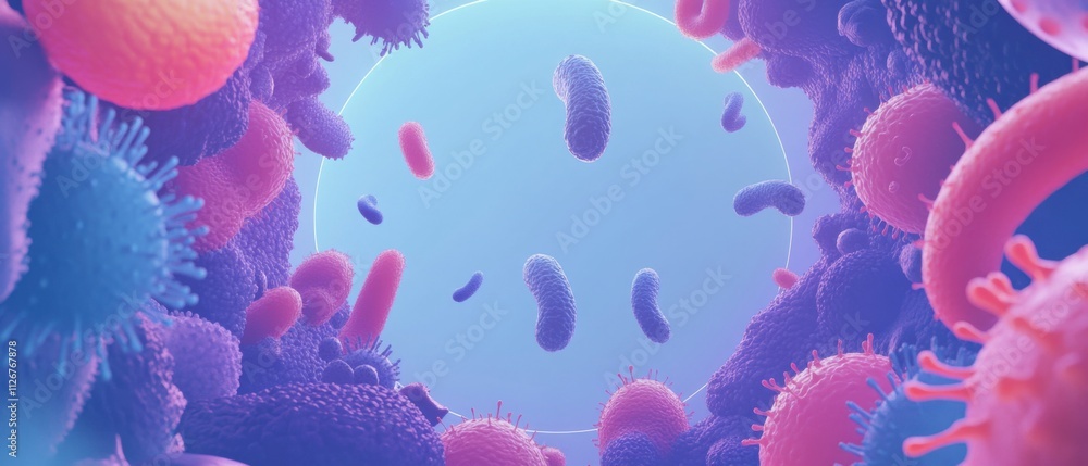Poster microscopic view of vibrant bacteria and viruses in a colorful 3d render