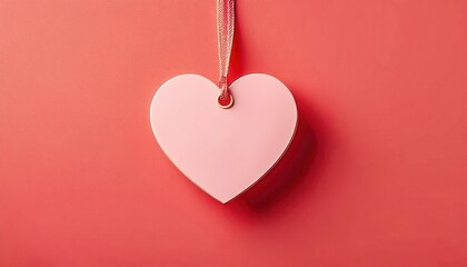 Minimalist Pink Heart-Shaped Tag on Coral Red Background with Knotted String. Ideal for Gift Wrapping, Valentine's Day Decor, DIY Crafts, Wedding Favors, or Personalized Love Messages