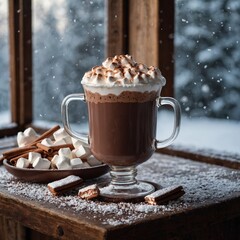 A rich and dark hot chocolate in a sophisticated café with modern décor.