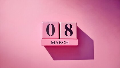 Pink Wooden Block Calendar Displaying "8 March" Against a Pink Background: Perfect Symbol for International Women's Day, Gender Equality Events, Feminine Celebrations, or Spring Themed Designs