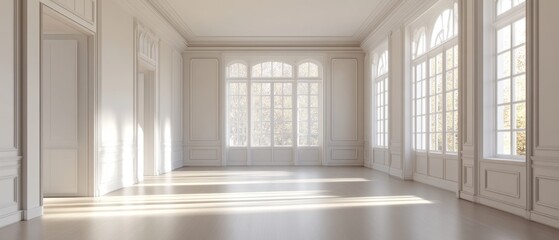 Obraz premium Sunlit Elegant Room Interior Design with Large Windows and White Walls