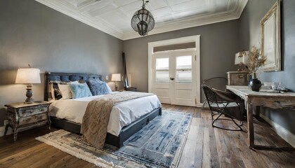 Modern Farmhouse Bedroom Interior Design Featuring Elegant Hardwood Floors and Cozy Decor Elements for a Stylish and Inviting Atmosphere