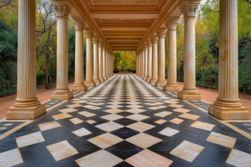 Obraz premium Colonnade, A picturesque corridor lined with elegant columns, featuring a striking black and white checkered floor, surrounded by lush greenery.