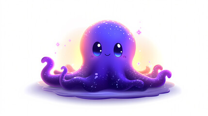 A whimsical purple octopus character with big eyes shines in a vibrant underwater setting. On white background