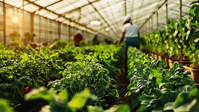Big greenhouse background, modern agriculture. People grow lush green plants, healthy growth. Workers tending crops. Sustainable farming practices beauty of nature. Harvest care. Lots of tomato bushes