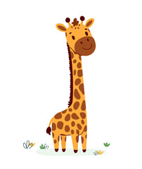 Cartoon smiling giraffe, hand drawn.