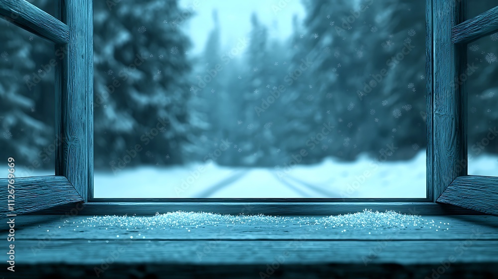 Poster serene winter morning scene through a frosted window with snowflakes falling on a peaceful landscape