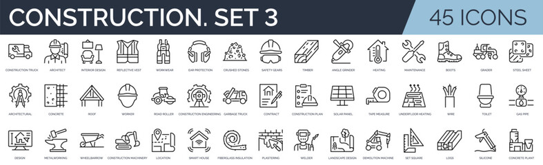 Set of 45 outline icons related to construction. Third set. Linear icon collection. Editable stroke. Vector illustration	