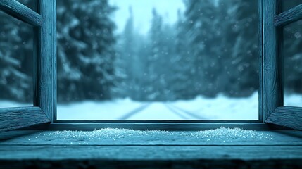 Serene Winter Morning Scene Through a Frosted Window with Snowflakes Falling on a Peaceful Landscape of Trees and a Quiet Pathway in the Background