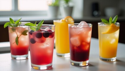 Fototapeta premium A collection of colorful cocktails served in glasses adorned with assorted berries and fruit garnishes