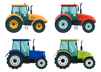 Naklejka premium Tractor_SetSet of colored tractors on a white background. Vector illustrations. Flat design