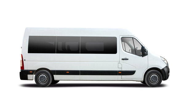 White minibus side view isolated. PNG
