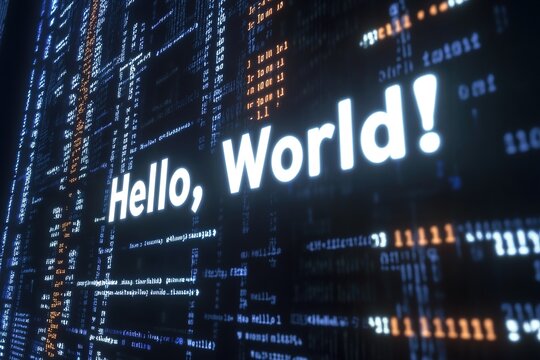Hello World message displayed on a coding background