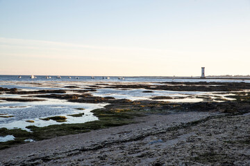 Plage &agrave; mar&eacute;e basse en fond la Tour des Anglais situ&eacute;e  sur la commune fran&ccedil;aise de Damgan dans le Morbihan, au sud de la Bretagne.